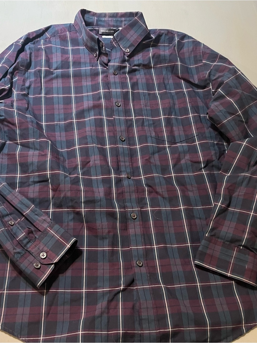 Van Heusen Men's Navy and Burgundy Plaid Button-Down Shirt